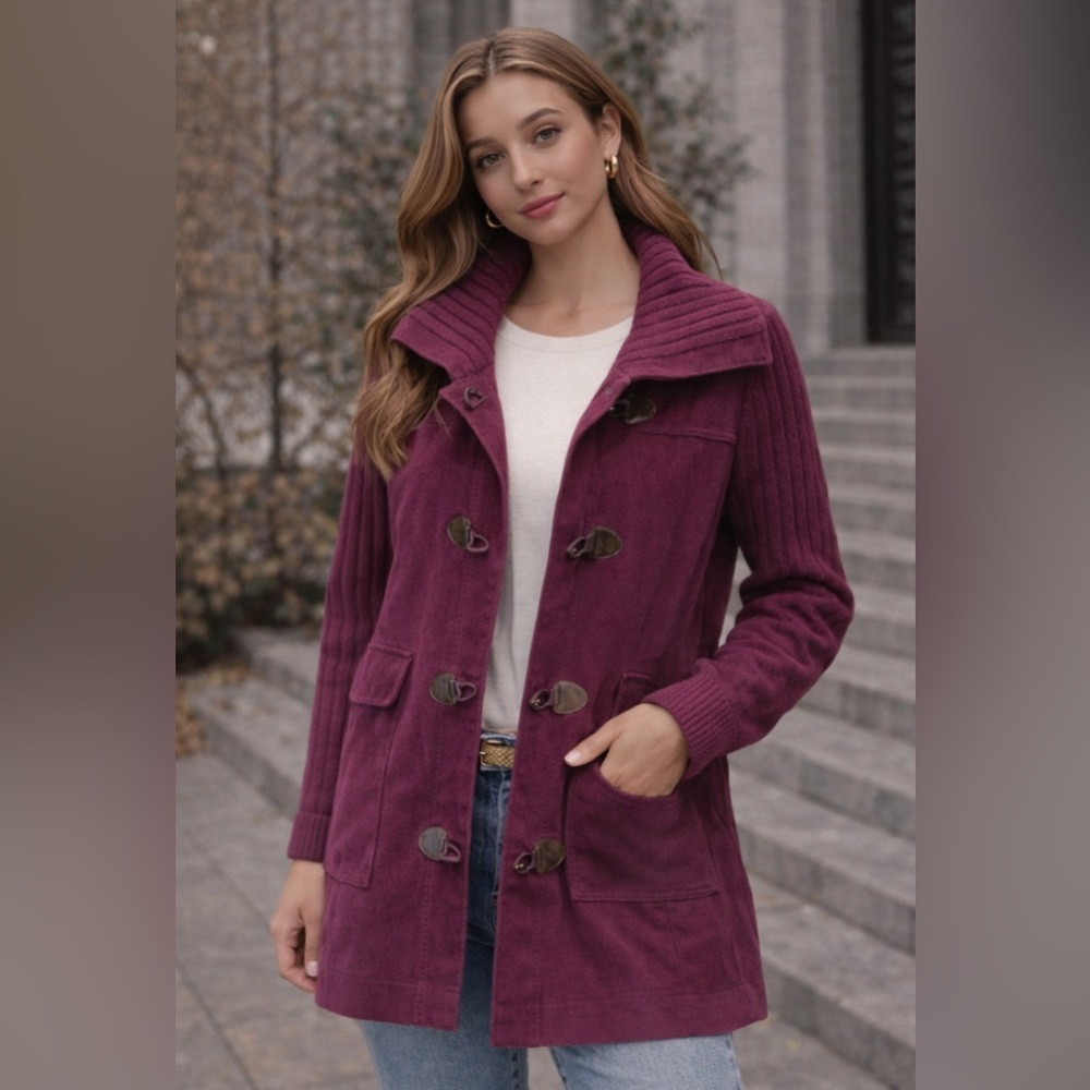 Vintage 90s Denim & Co Purple Collared Corduroy Knit Toggle Coat Medium